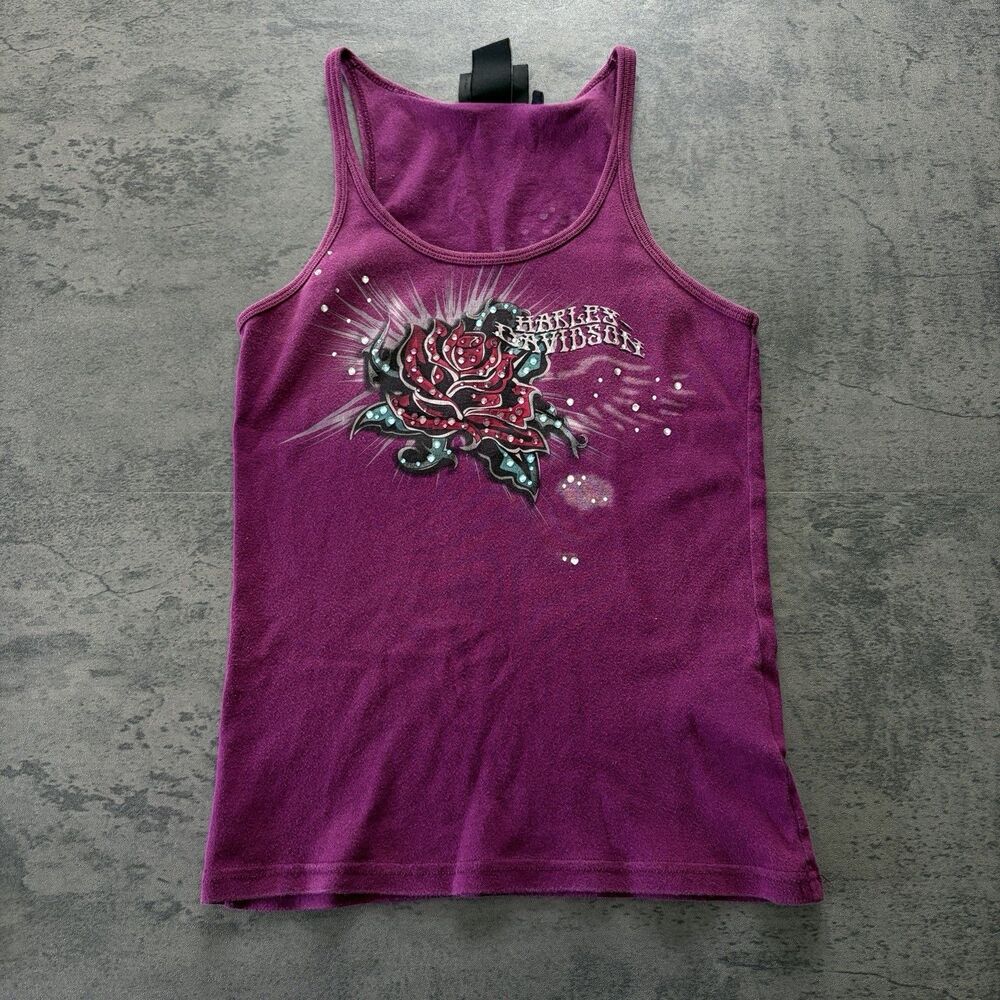 Harley Davidson Tank Top Womens Small Y2K Rhinestone Rose Skull Purple Tank.